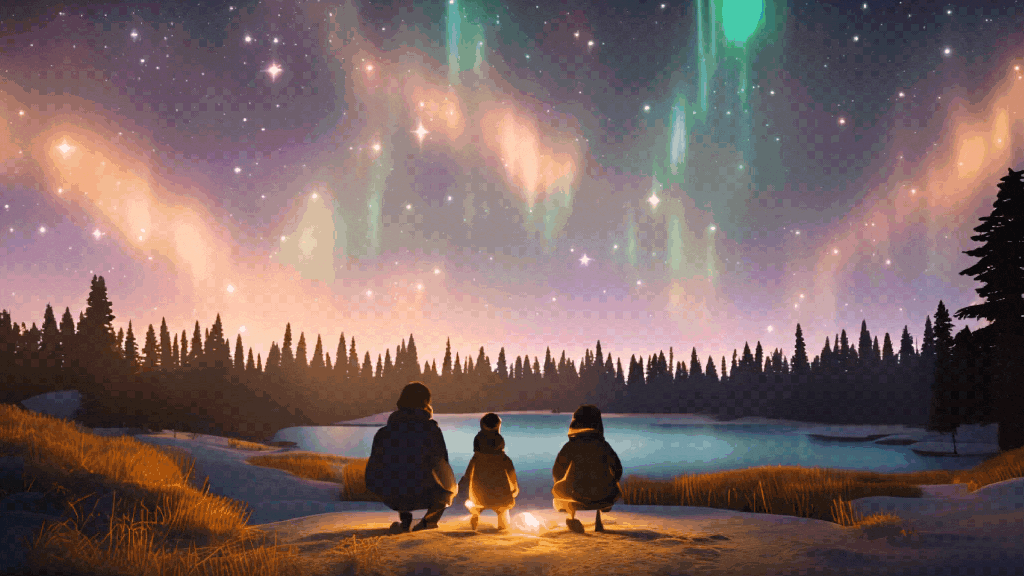 Aurora borealis/australis over three people around a campfire on the shore of a lake.